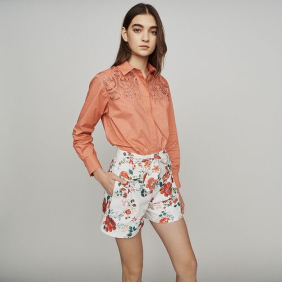 MAJE Iflor Floral Denim Belted Shorts FR 36 US 4